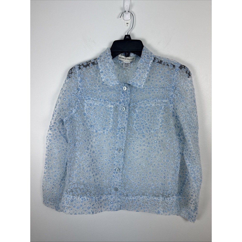 Bamboo Traders Womens Size PM Sheer Textured Overlay Floral Blue Button Up Shirt